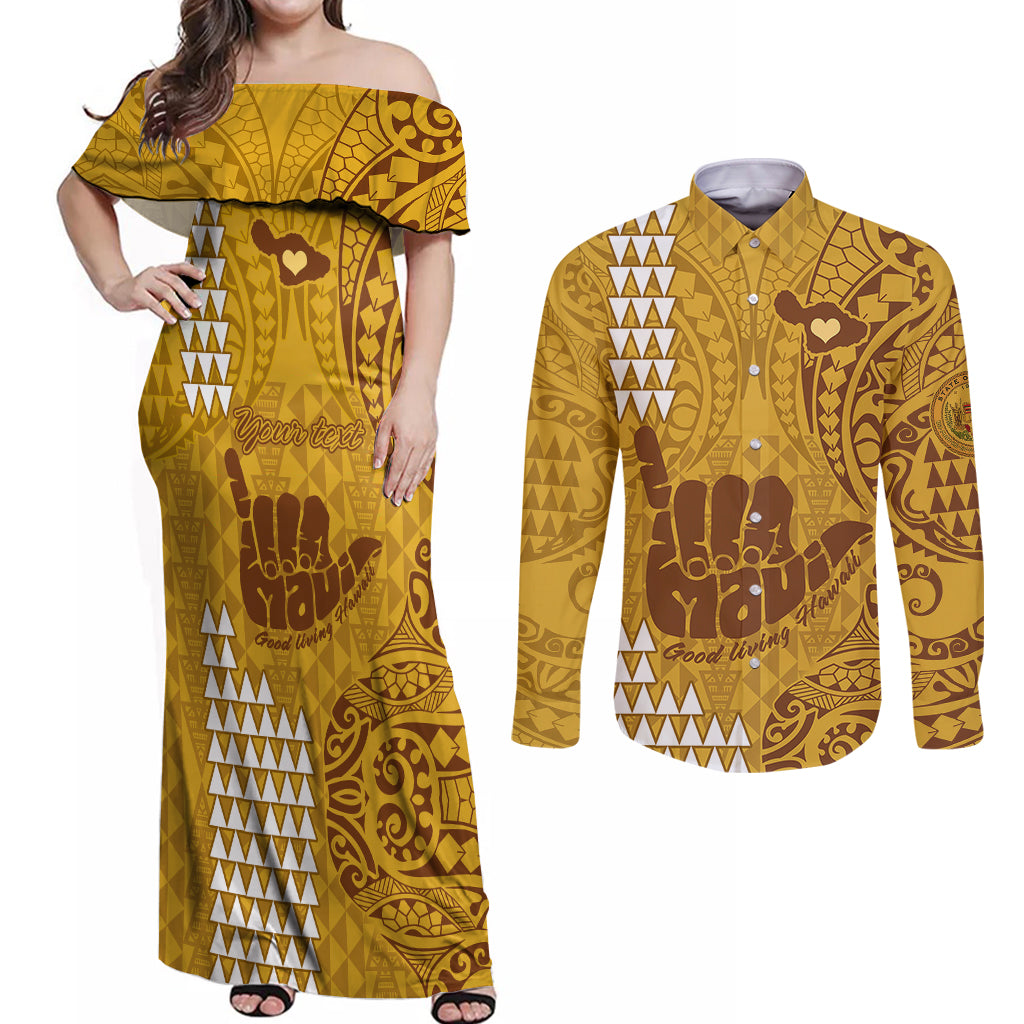 Personalised Strong Maui Couples Matching Off Shoulder Maxi Dress and Long Sleeve Button Shirts Good Living Hawaii with Shaka Sign Kakau Tribal Gold LT9 Gold - Polynesian Pride