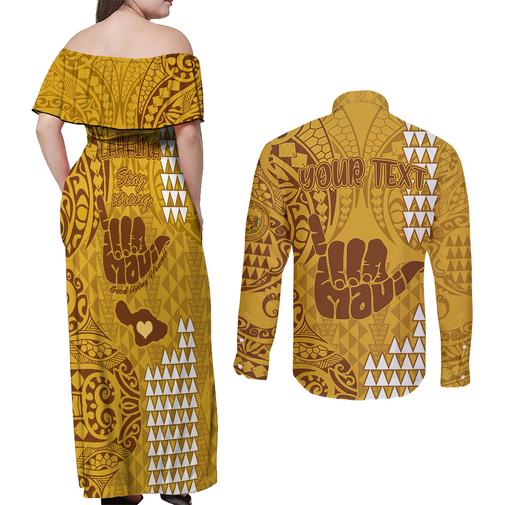 Personalised Strong Maui Couples Matching Off Shoulder Maxi Dress and Long Sleeve Button Shirts Good Living Hawaii with Shaka Sign Kakau Tribal Gold LT9 - Polynesian Pride
