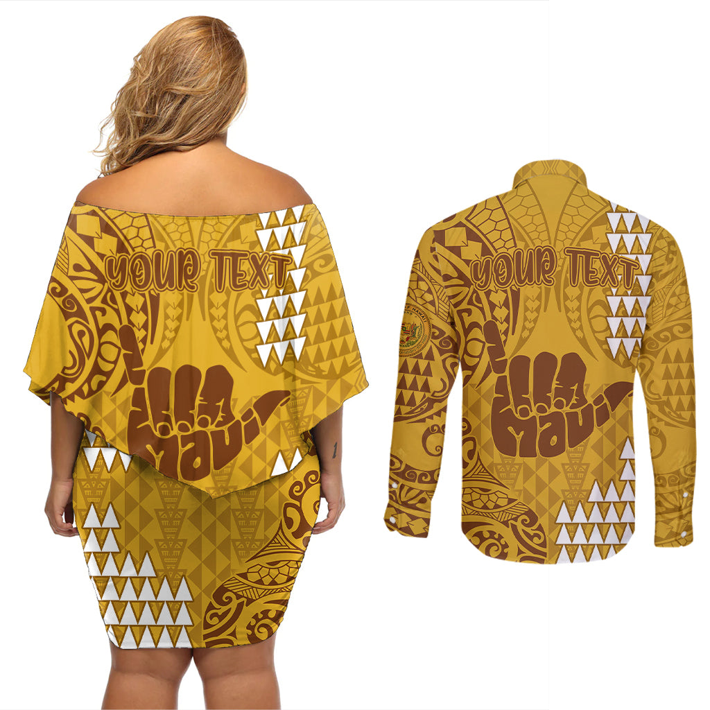 Personalised Strong Maui Couples Matching Off Shoulder Short Dress and Long Sleeve Button Shirts Good Living Hawaii with Shaka Sign Kakau Tribal Gold LT9 - Polynesian Pride