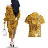 Personalised Strong Maui Couples Matching Off The Shoulder Long Sleeve Dress and Hawaiian Shirt Good Living Hawaii with Shaka Sign Kakau Tribal Gold LT9 - Polynesian Pride