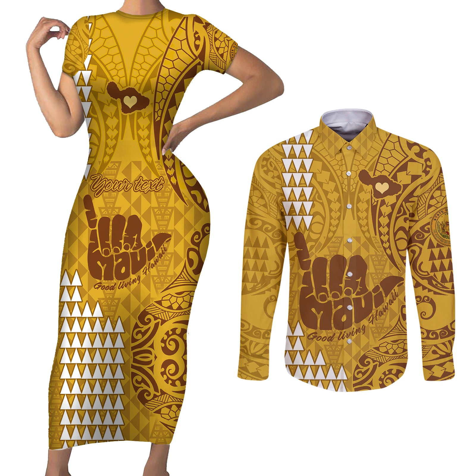 Personalised Strong Maui Couples Matching Short Sleeve Bodycon Dress and Long Sleeve Button Shirts Good Living Hawaii with Shaka Sign Kakau Tribal Gold LT9 Gold - Polynesian Pride