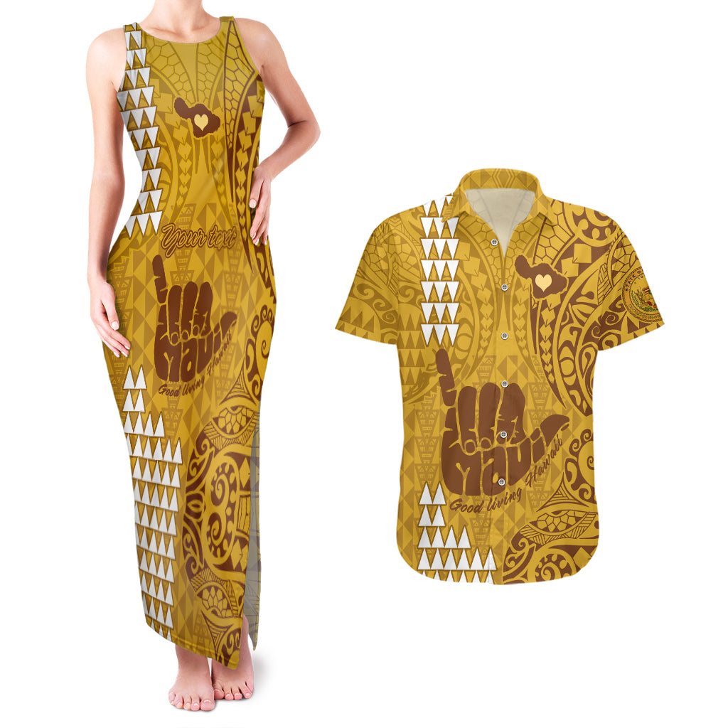 Personalised Strong Maui Couples Matching Tank Maxi Dress and Hawaiian Shirt Good Living Hawaii with Shaka Sign Kakau Tribal Gold LT9 Gold - Polynesian Pride