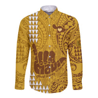 Personalised Strong Maui Long Sleeve Button Shirt Good Living Hawaii with Shaka Sign Kakau Tribal Gold LT9 Unisex Gold - Polynesian Pride