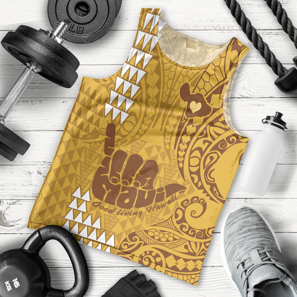 Personalised Strong Maui Men Tank Top Good Living Hawaii with Shaka Sign Kakau Tribal Gold LT9 Gold - Polynesian Pride