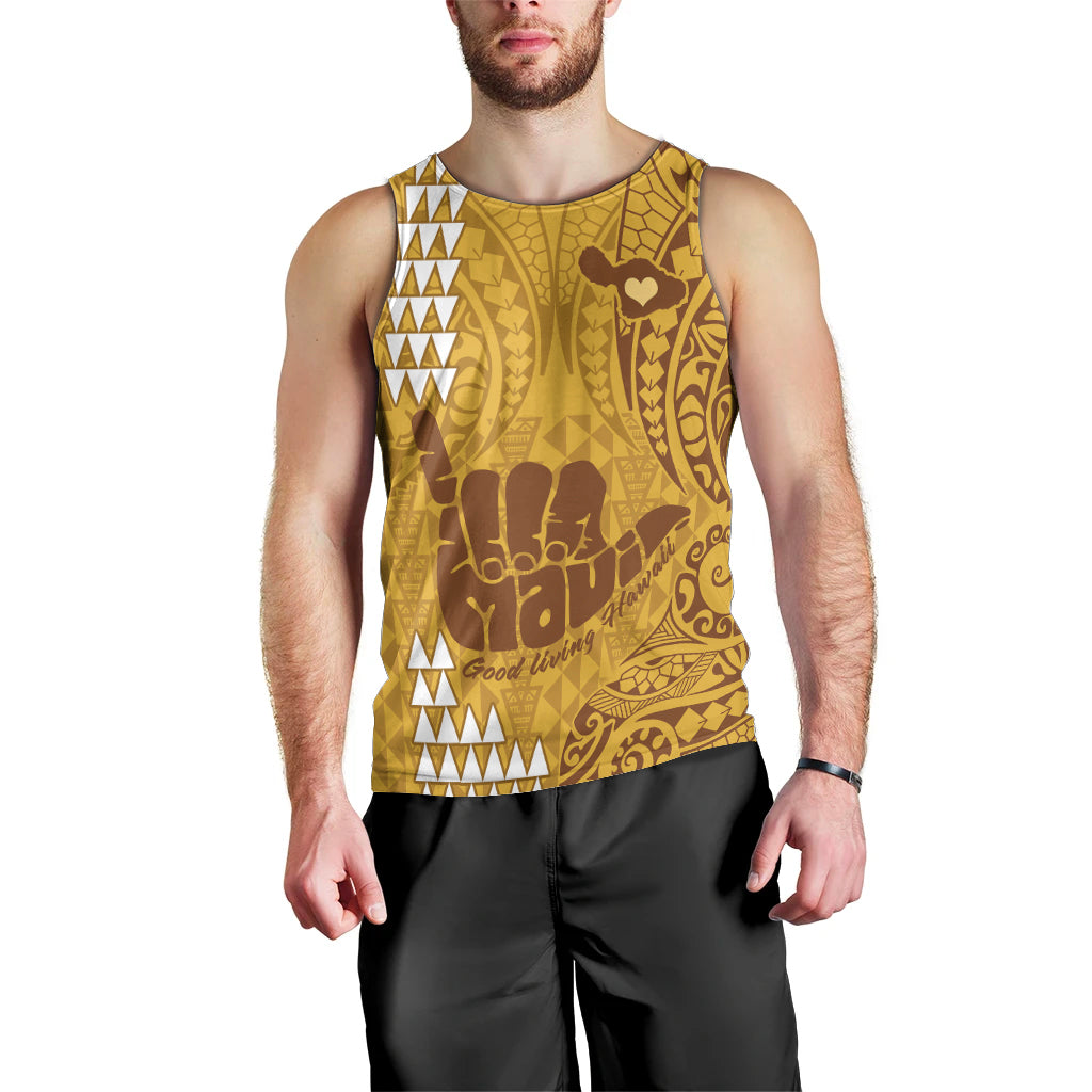 Personalised Strong Maui Men Tank Top Good Living Hawaii with Shaka Sign Kakau Tribal Gold LT9 - Polynesian Pride