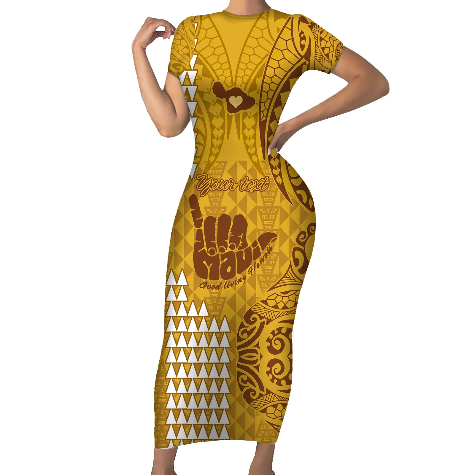 Personalised Strong Maui Short Sleeve Bodycon Dress Good Living Hawaii with Shaka Sign Kakau Tribal Gold LT9 Long Dress Gold - Polynesian Pride