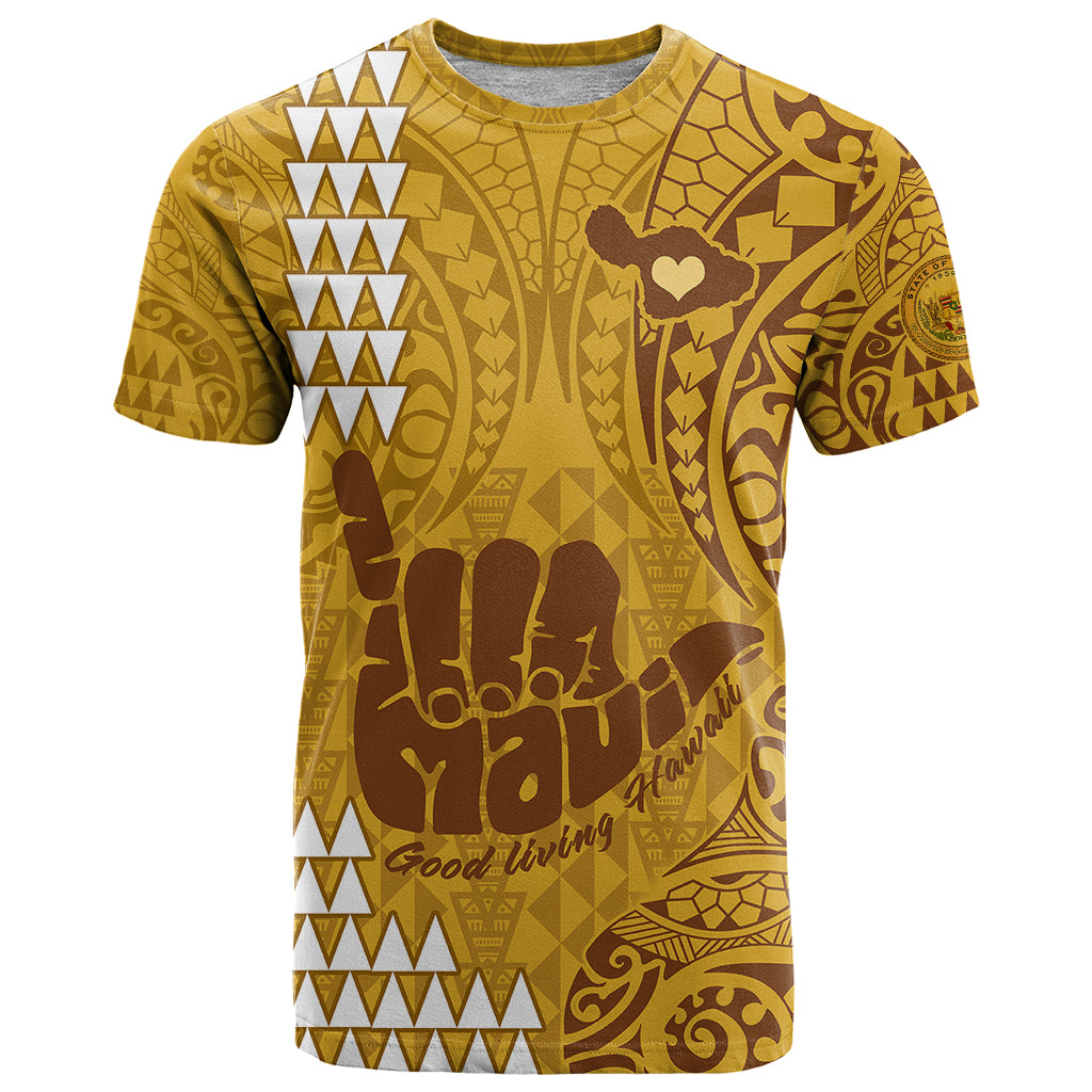 Personalised Strong Maui T Shirt Good Living Hawaii with Shaka Sign Kakau Tribal Gold LT9 Gold - Polynesian Pride
