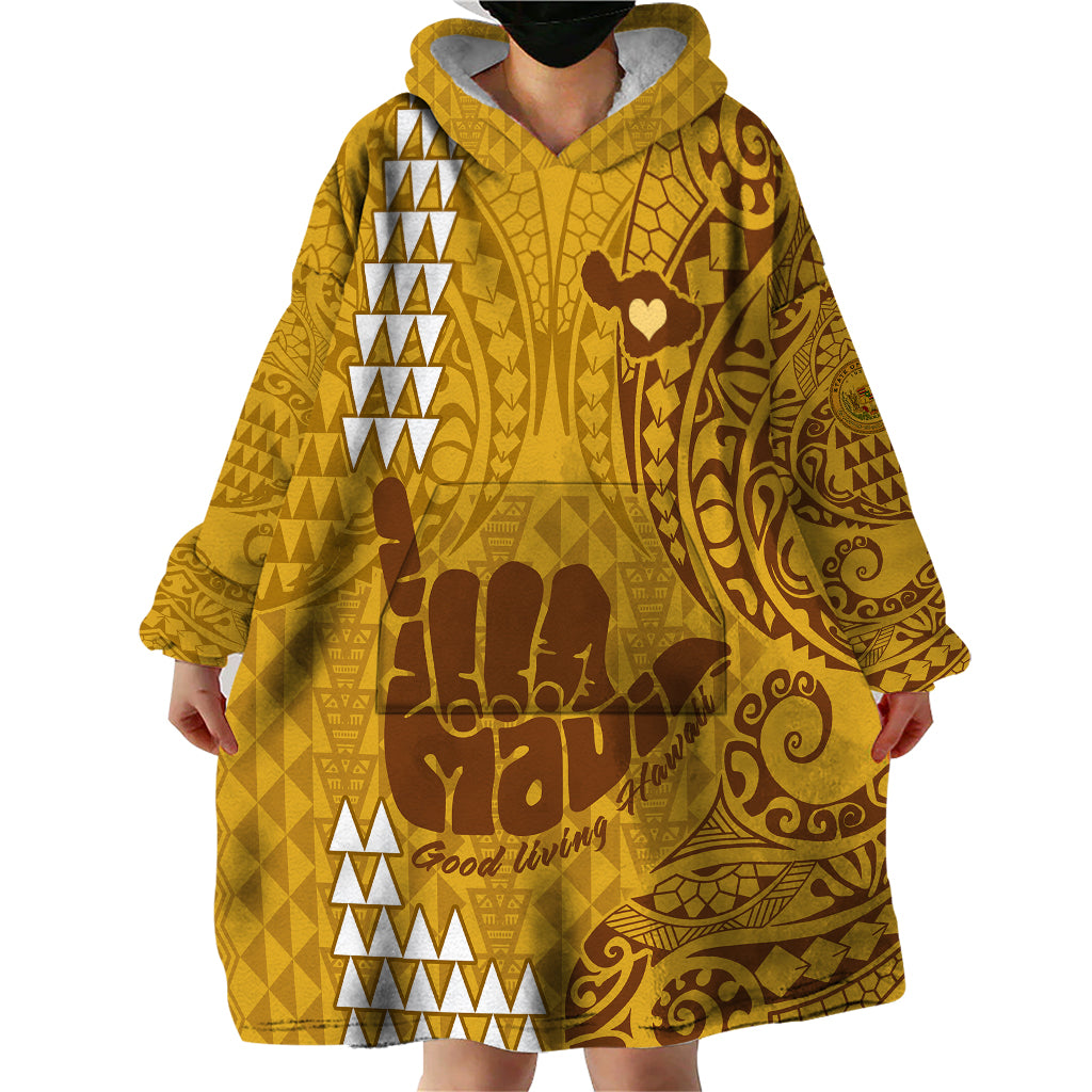 Personalised Strong Maui Wearable Blanket Hoodie Good Living Hawaii with Shaka Sign Kakau Tribal Gold LT9 - Polynesian Pride