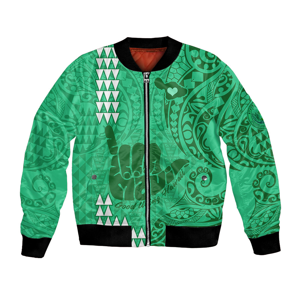 Strong Maui Bomber Jacket Good Living Hawaii with Shaka Sign Kakau Tribal Green LT9 Unisex Green - Polynesian Pride