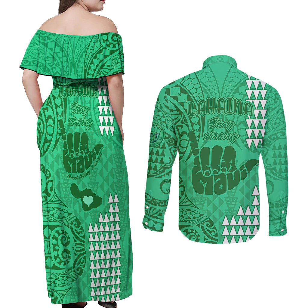 Strong Maui Couples Matching Off Shoulder Maxi Dress and Long Sleeve Button Shirts Good Living Hawaii with Shaka Sign Kakau Tribal Green LT9 - Polynesian Pride