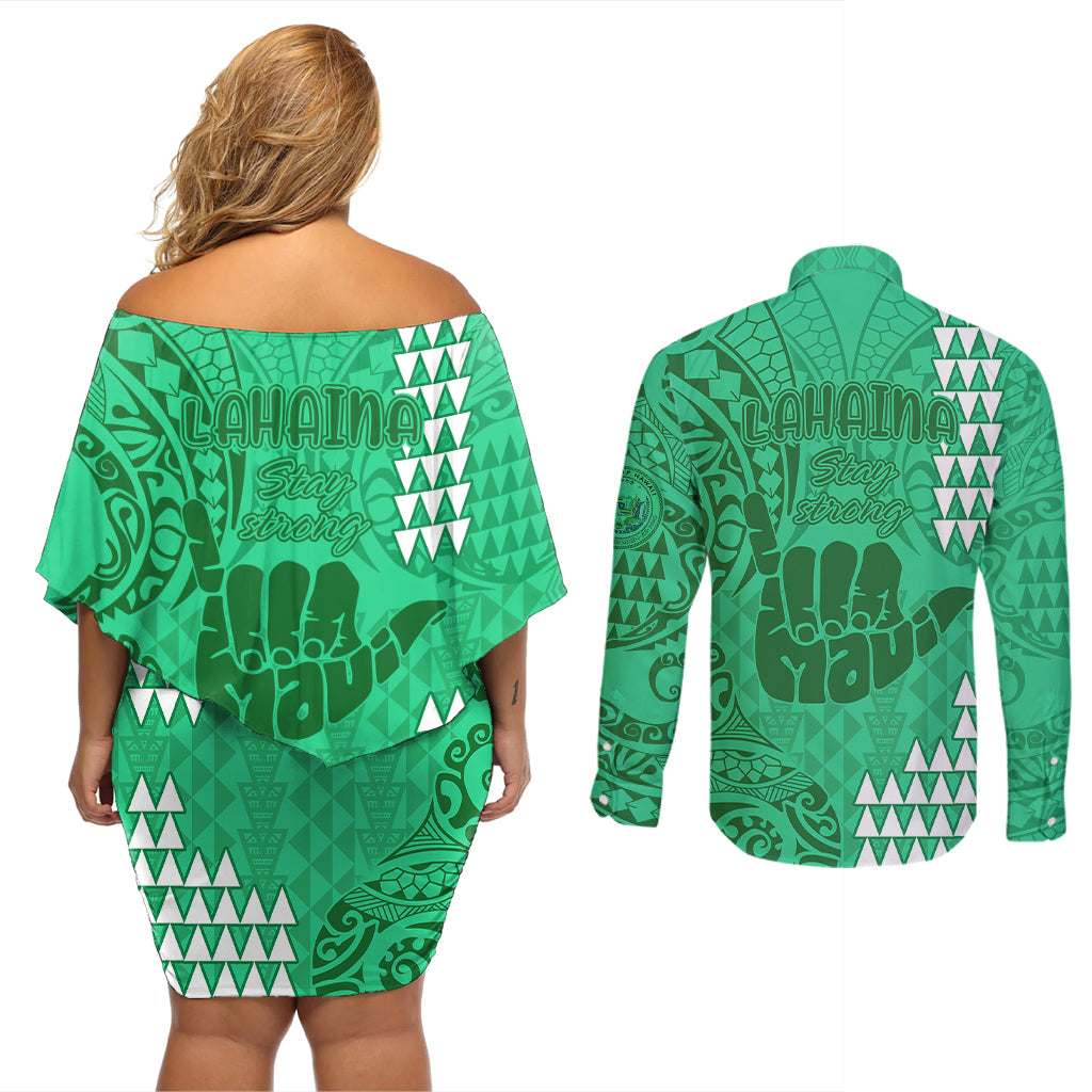 Strong Maui Couples Matching Off Shoulder Short Dress and Long Sleeve Button Shirts Good Living Hawaii with Shaka Sign Kakau Tribal Green LT9 - Polynesian Pride
