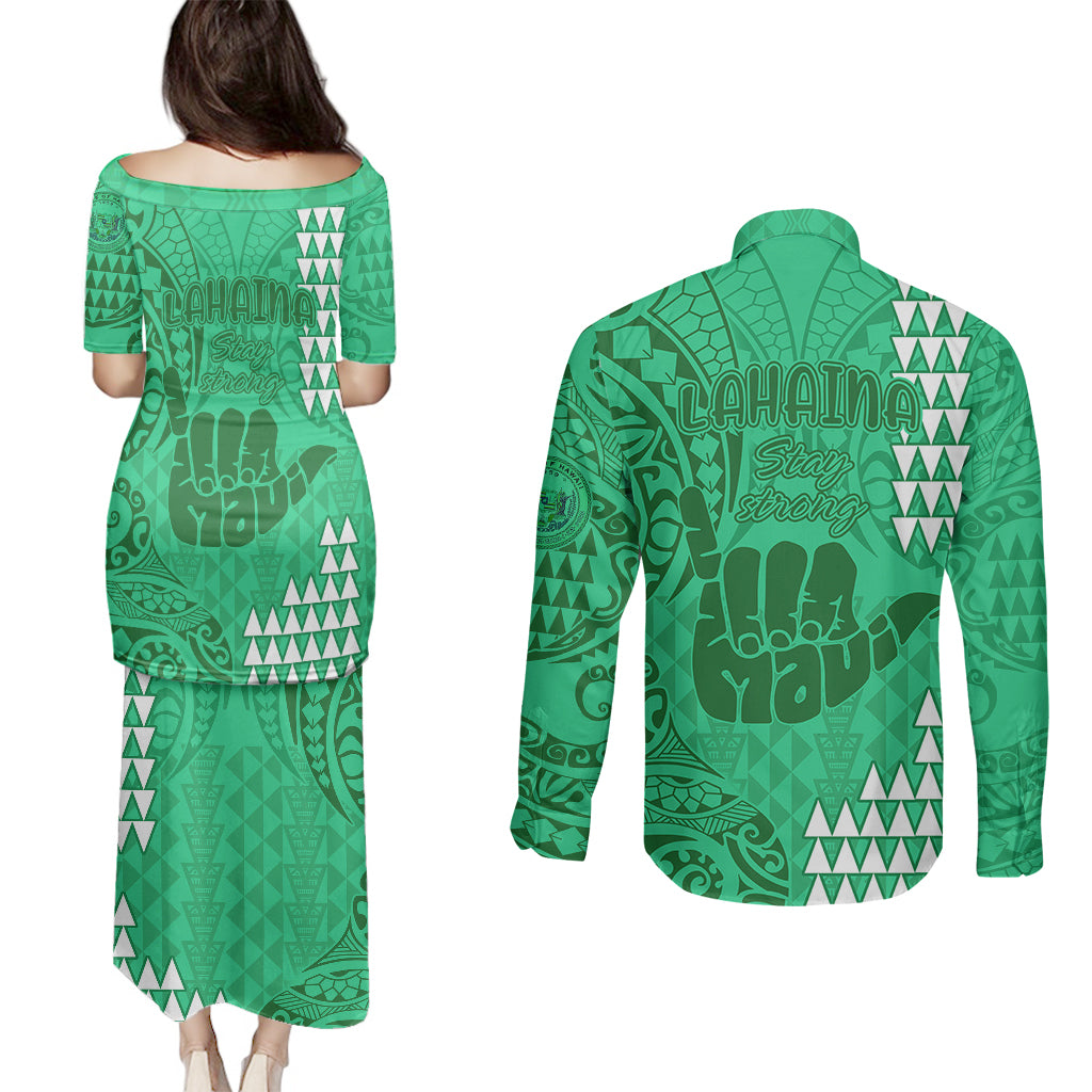 Strong Maui Couples Matching Puletasi Dress and Long Sleeve Button Shirts Good Living Hawaii with Shaka Sign Kakau Tribal Green LT9 - Polynesian Pride