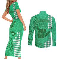 Strong Maui Couples Matching Short Sleeve Bodycon Dress and Long Sleeve Button Shirts Good Living Hawaii with Shaka Sign Kakau Tribal Green LT9 - Polynesian Pride