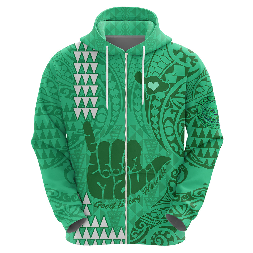 Strong Maui Hoodie Good Living Hawaii with Shaka Sign Kakau Tribal Green LT9 - Polynesian Pride