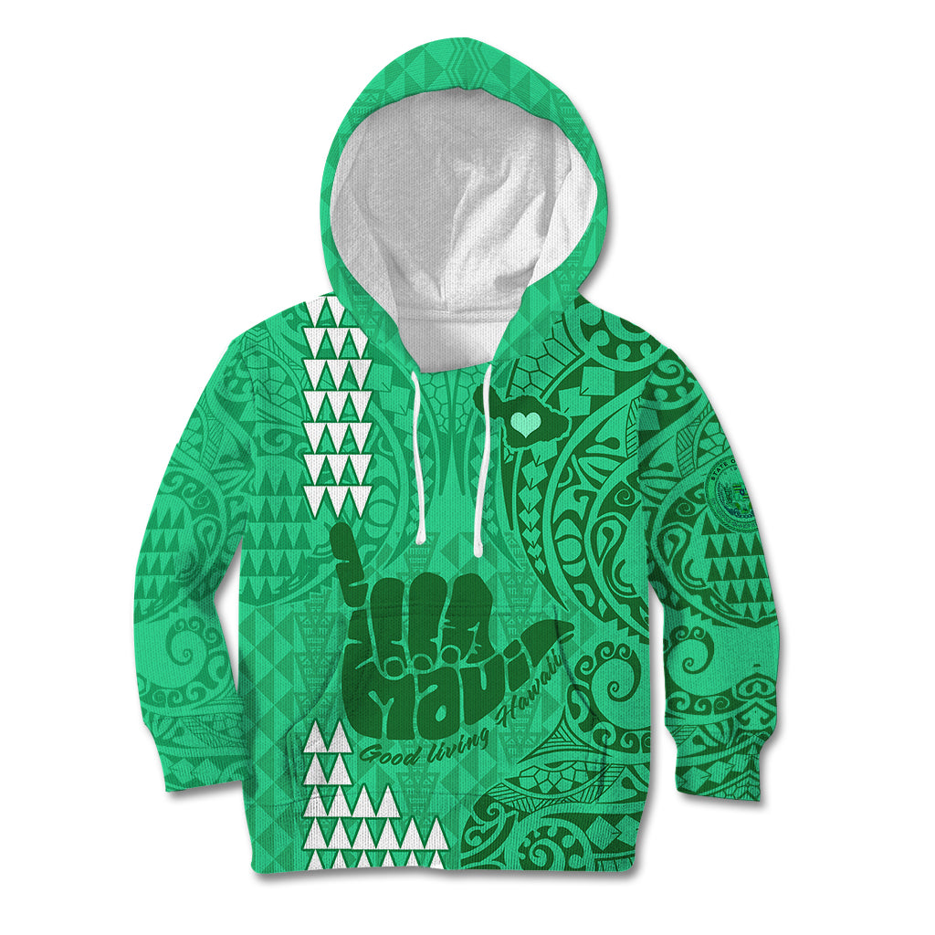 Strong Maui Kid Hoodie Good Living Hawaii with Shaka Sign Kakau Tribal Green LT9 Hoodie Green - Polynesian Pride