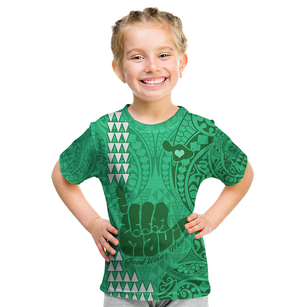 Strong Maui Kid T Shirt Good Living Hawaii with Shaka Sign Kakau Tribal Green LT9 Green - Polynesian Pride