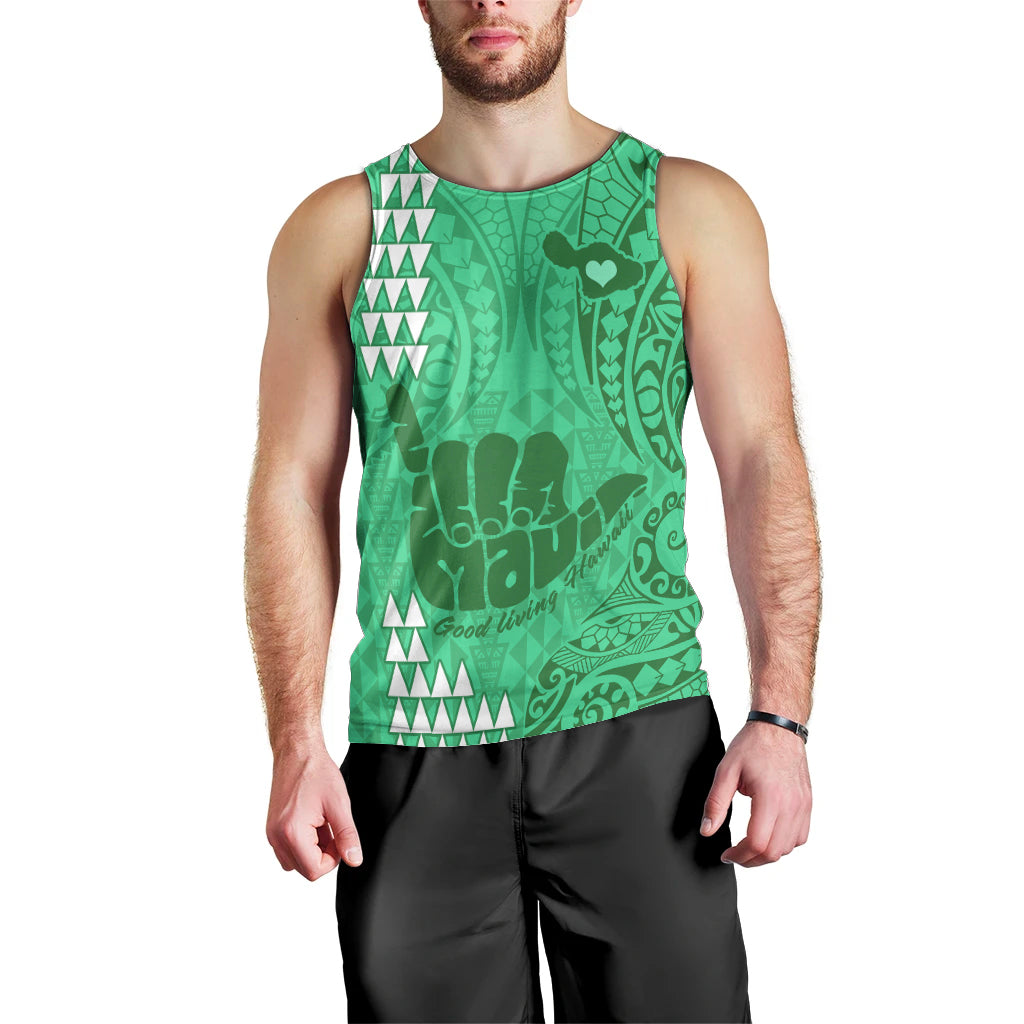 Strong Maui Men Tank Top Good Living Hawaii with Shaka Sign Kakau Tribal Green LT9 - Polynesian Pride