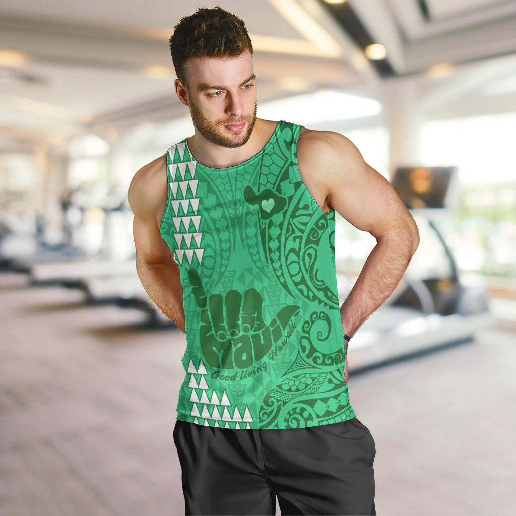 Strong Maui Men Tank Top Good Living Hawaii with Shaka Sign Kakau Tribal Green LT9 - Polynesian Pride