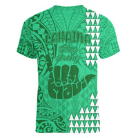 Strong Maui Women V Neck T Shirt Good Living Hawaii with Shaka Sign Kakau Tribal Green LT9 - Polynesian Pride