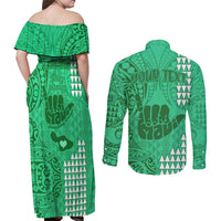 Personalised Strong Maui Couples Matching Off Shoulder Maxi Dress and Long Sleeve Button Shirts Good Living Hawaii with Shaka Sign Kakau Tribal Green LT9 - Polynesian Pride