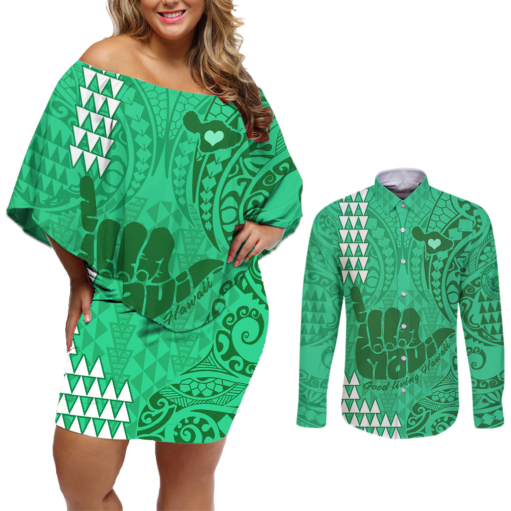 Personalised Strong Maui Couples Matching Off Shoulder Short Dress and Long Sleeve Button Shirts Good Living Hawaii with Shaka Sign Kakau Tribal Green LT9 Green - Polynesian Pride