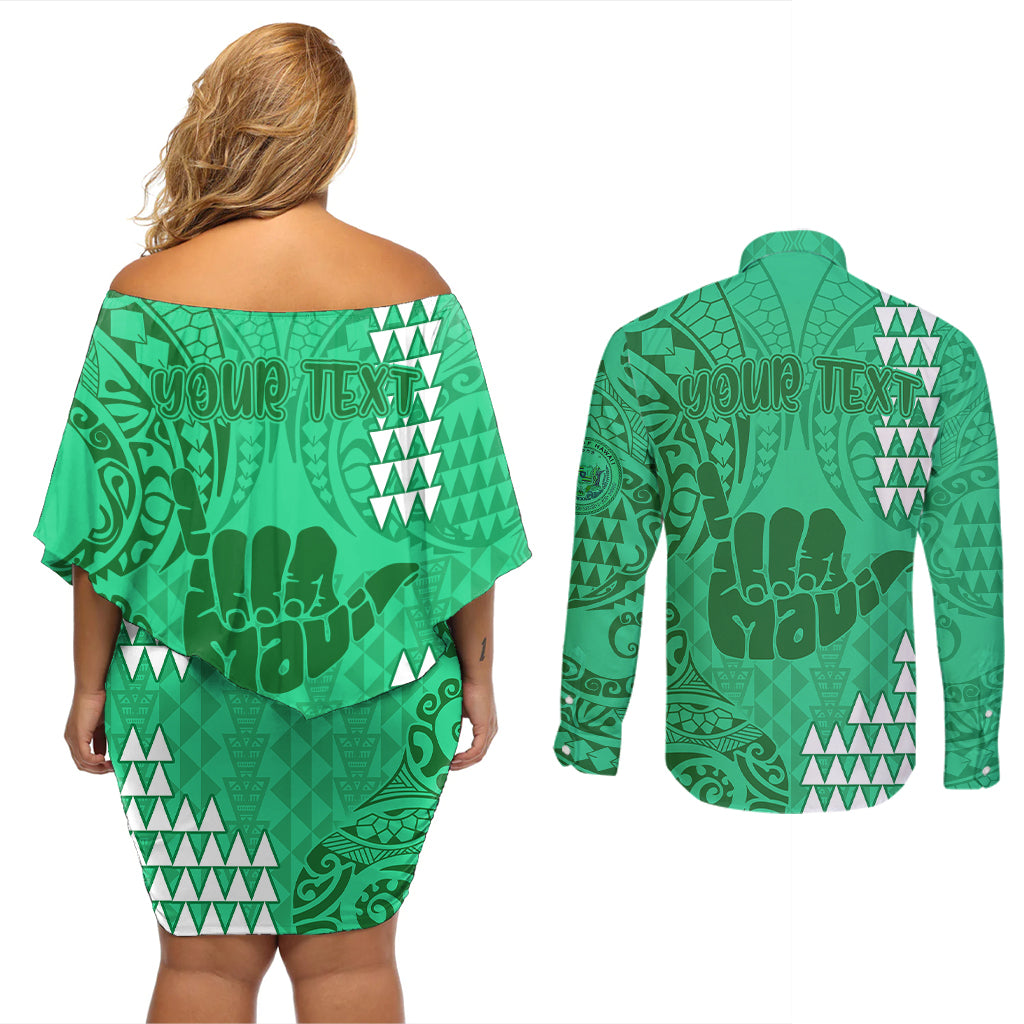 Personalised Strong Maui Couples Matching Off Shoulder Short Dress and Long Sleeve Button Shirts Good Living Hawaii with Shaka Sign Kakau Tribal Green LT9 - Polynesian Pride