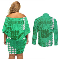 Personalised Strong Maui Couples Matching Off Shoulder Short Dress and Long Sleeve Button Shirts Good Living Hawaii with Shaka Sign Kakau Tribal Green LT9 - Polynesian Pride