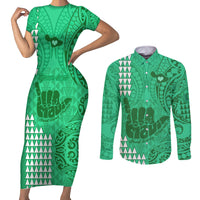 Personalised Strong Maui Couples Matching Short Sleeve Bodycon Dress and Long Sleeve Button Shirts Good Living Hawaii with Shaka Sign Kakau Tribal Green LT9 Green - Polynesian Pride