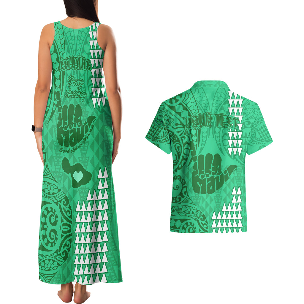 Personalised Strong Maui Couples Matching Tank Maxi Dress and Hawaiian Shirt Good Living Hawaii with Shaka Sign Kakau Tribal Green LT9 - Polynesian Pride