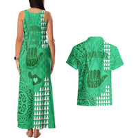 Personalised Strong Maui Couples Matching Tank Maxi Dress and Hawaiian Shirt Good Living Hawaii with Shaka Sign Kakau Tribal Green LT9 - Polynesian Pride