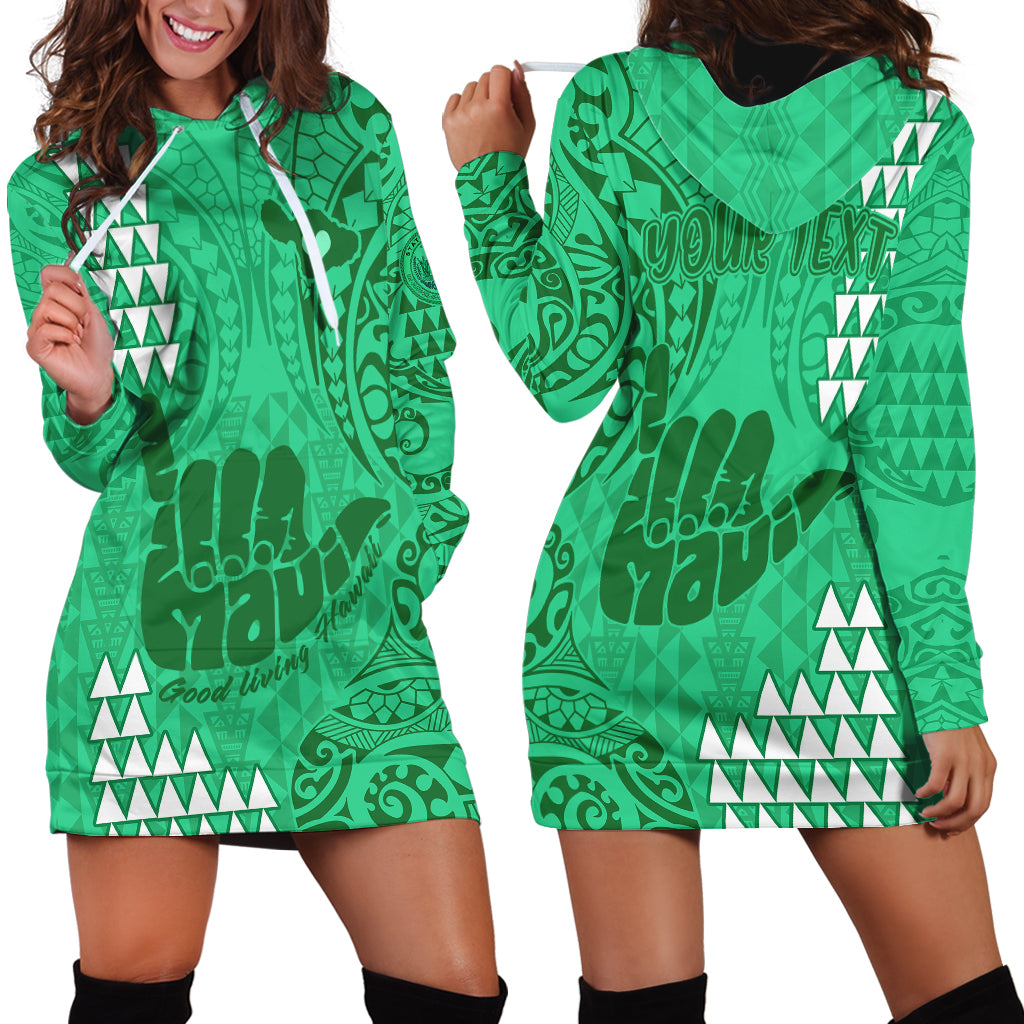 Personalised Strong Maui Hoodie Dress Good Living Hawaii with Shaka Sign Kakau Tribal Green LT9 - Polynesian Pride
