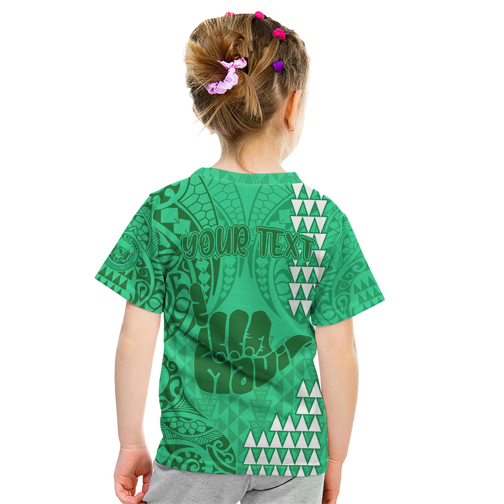 Personalised Strong Maui Kid T Shirt Good Living Hawaii with Shaka Sign Kakau Tribal Green LT9 - Polynesian Pride