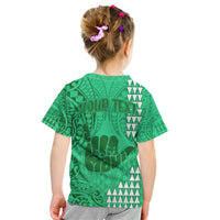 Personalised Strong Maui Kid T Shirt Good Living Hawaii with Shaka Sign Kakau Tribal Green LT9 - Polynesian Pride