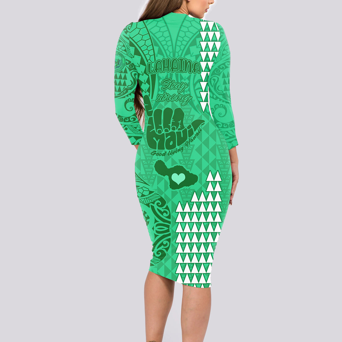 Personalised Strong Maui Long Sleeve Bodycon Dress Good Living Hawaii with Shaka Sign Kakau Tribal Green LT9 - Polynesian Pride