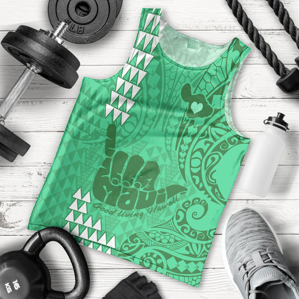 Personalised Strong Maui Men Tank Top Good Living Hawaii with Shaka Sign Kakau Tribal Green LT9 Green - Polynesian Pride