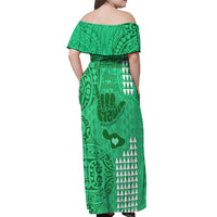 Personalised Strong Maui Off Shoulder Maxi Dress Good Living Hawaii with Shaka Sign Kakau Tribal Green LT9 - Polynesian Pride