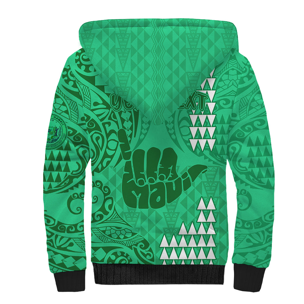 Personalised Strong Maui Sherpa Hoodie Good Living Hawaii with Shaka Sign Kakau Tribal Green LT9 - Polynesian Pride