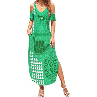 Personalised Strong Maui Summer Maxi Dress Good Living Hawaii with Shaka Sign Kakau Tribal Green LT9 Women Green - Polynesian Pride
