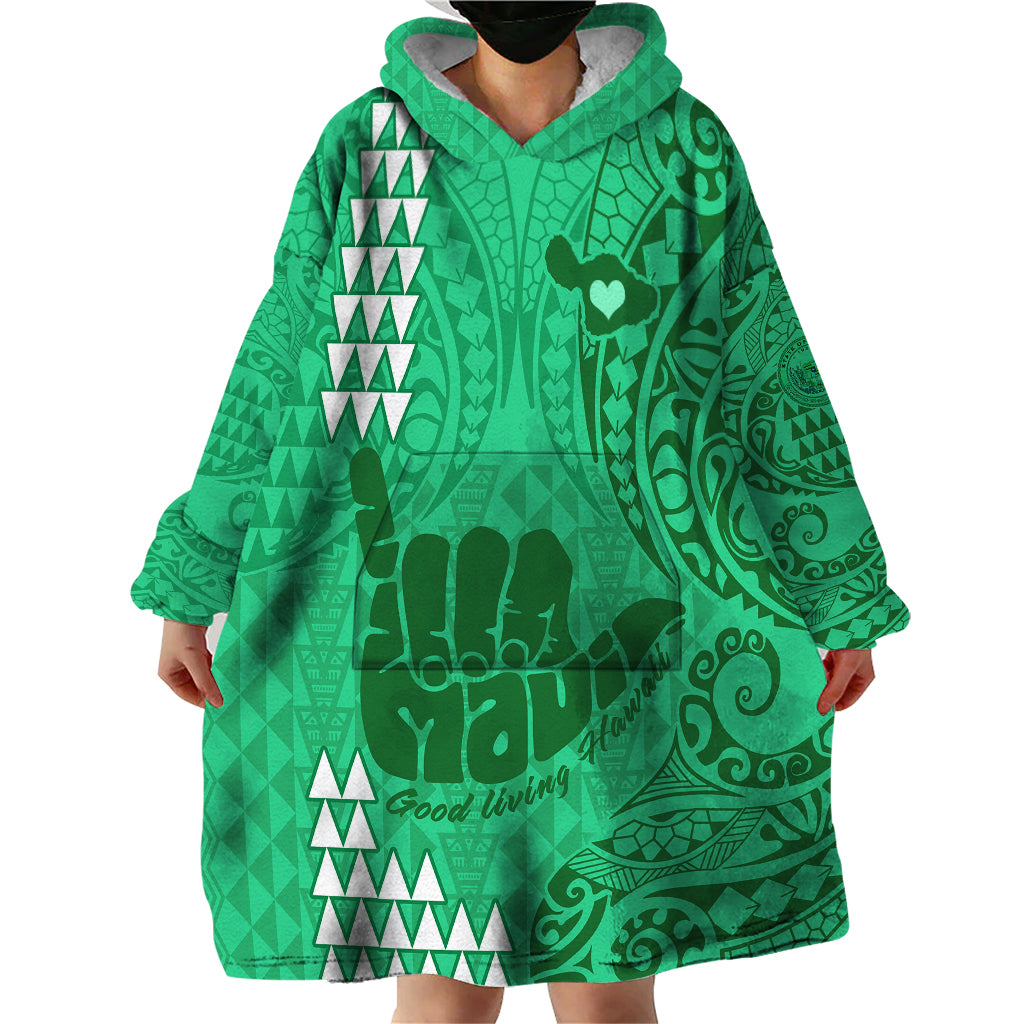 Personalised Strong Maui Wearable Blanket Hoodie Good Living Hawaii with Shaka Sign Kakau Tribal Green LT9 - Polynesian Pride