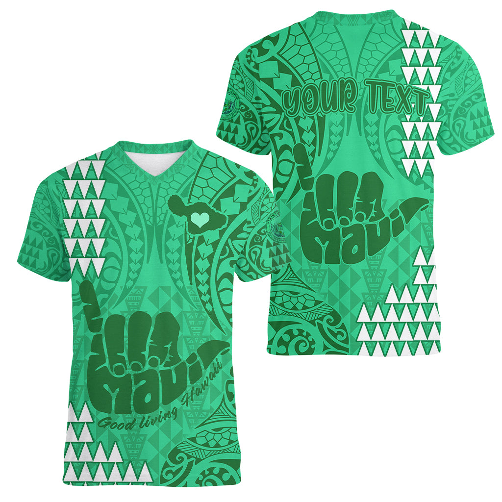 Personalised Strong Maui Women V Neck T Shirt Good Living Hawaii with Shaka Sign Kakau Tribal Green LT9 - Polynesian Pride