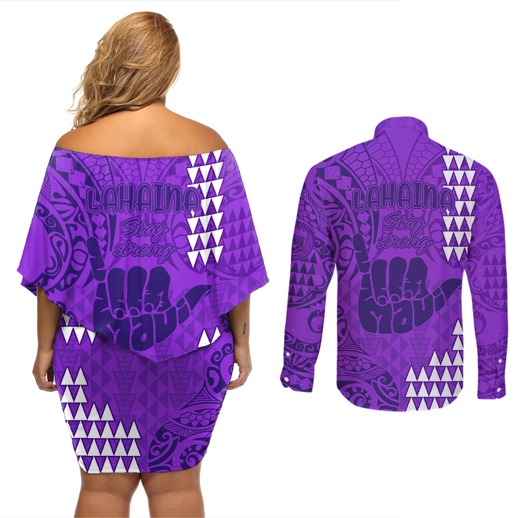 Strong Maui Couples Matching Off Shoulder Short Dress and Long Sleeve Button Shirts Good Living Hawaii with Shaka Sign Kakau Tribal Purple LT9 - Polynesian Pride