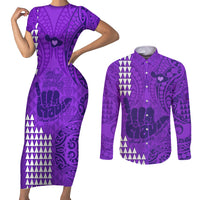 Strong Maui Couples Matching Short Sleeve Bodycon Dress and Long Sleeve Button Shirts Good Living Hawaii with Shaka Sign Kakau Tribal Purple LT9 Purple - Polynesian Pride