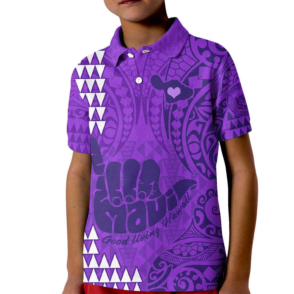 Strong Maui Kid Polo Shirt Good Living Hawaii with Shaka Sign Kakau Tribal Purple LT9 Kid Purple - Polynesian Pride
