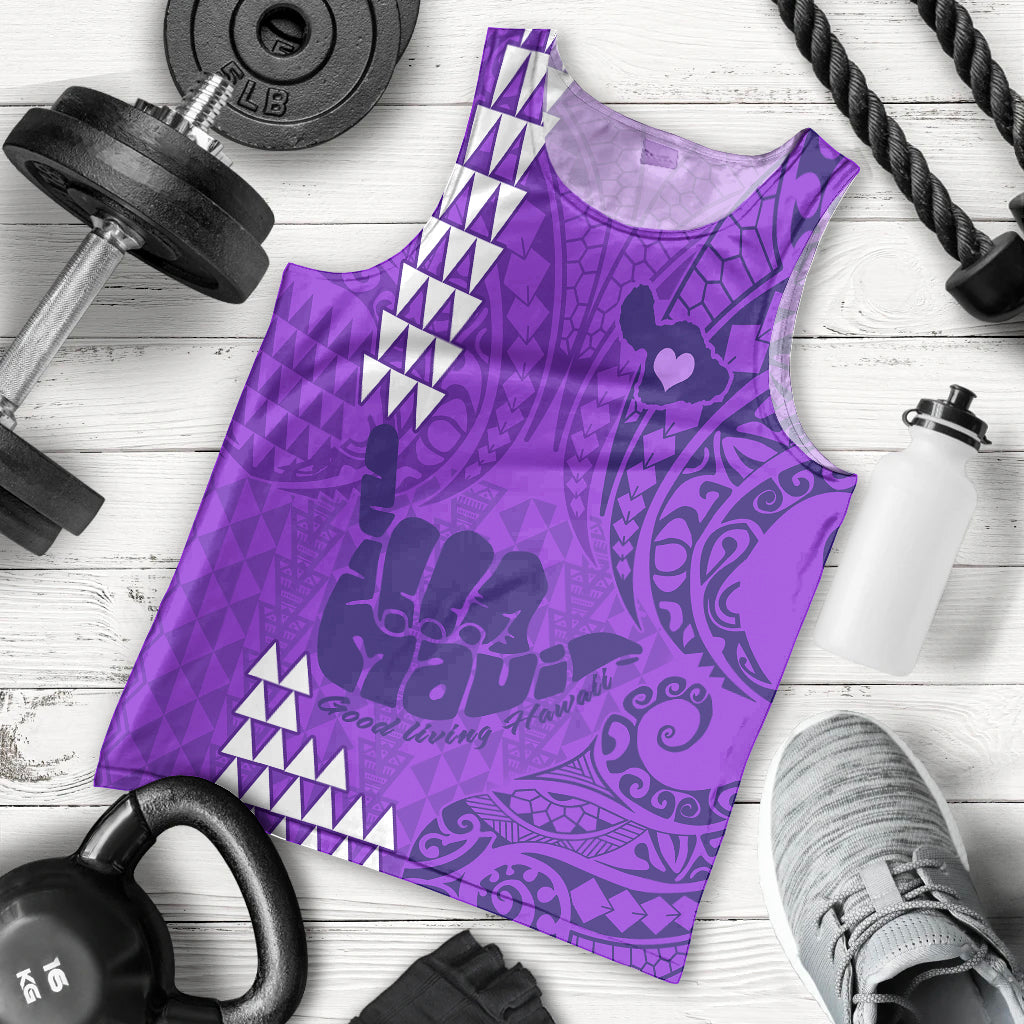 Strong Maui Men Tank Top Good Living Hawaii with Shaka Sign Kakau Tribal Purple LT9 Purple - Polynesian Pride