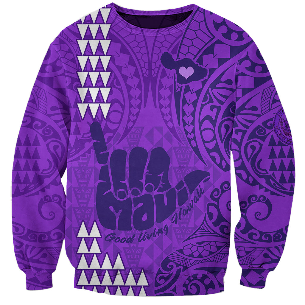 Strong Maui Sweatshirt Good Living Hawaii with Shaka Sign Kakau Tribal Purple LT9 Unisex Purple - Polynesian Pride