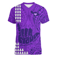 Strong Maui Women V Neck T Shirt Good Living Hawaii with Shaka Sign Kakau Tribal Purple LT9 Female Purple - Polynesian Pride