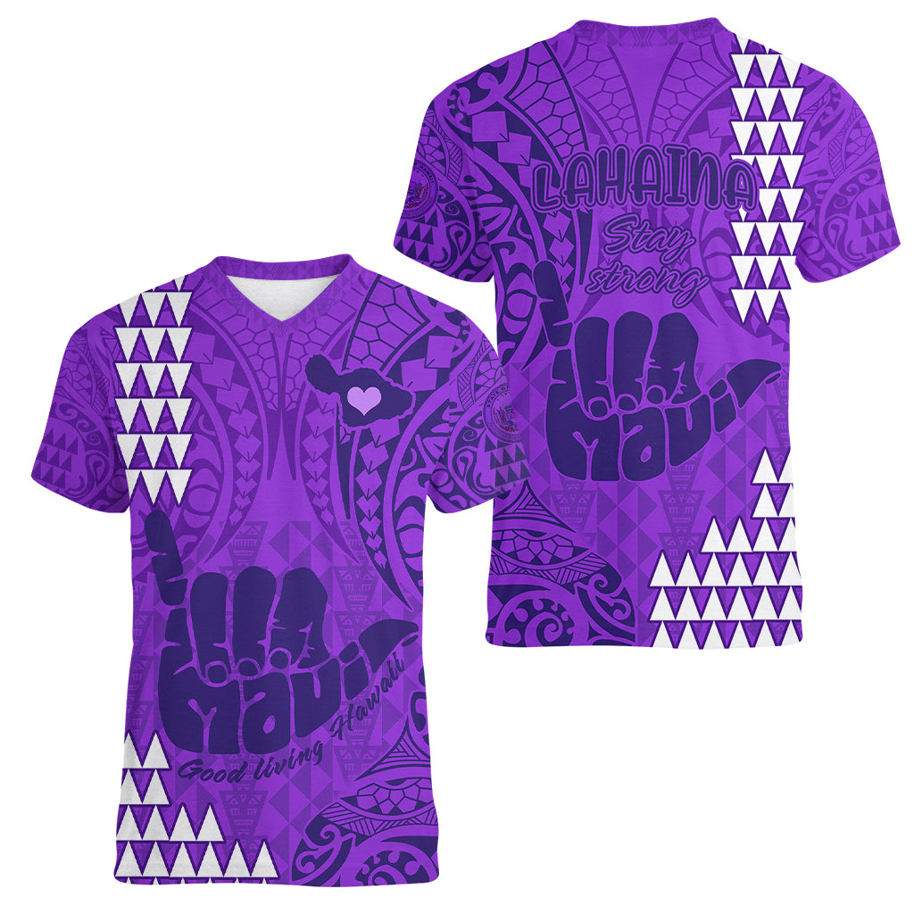 Strong Maui Women V Neck T Shirt Good Living Hawaii with Shaka Sign Kakau Tribal Purple LT9 - Polynesian Pride