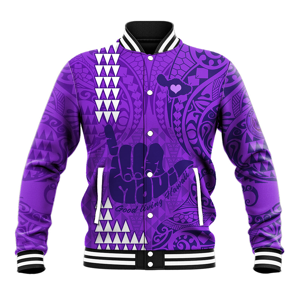 Personalised Strong Maui Baseball Jacket Good Living Hawaii with Shaka Sign Kakau Tribal Purple LT9 Unisex Purple - Polynesian Pride