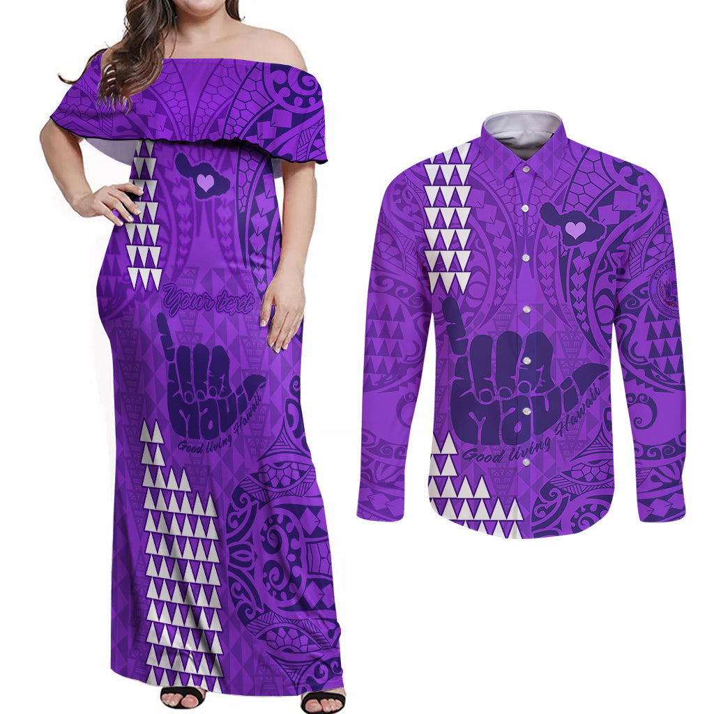 Personalised Strong Maui Couples Matching Off Shoulder Maxi Dress and Long Sleeve Button Shirts Good Living Hawaii with Shaka Sign Kakau Tribal Purple LT9 Purple - Polynesian Pride