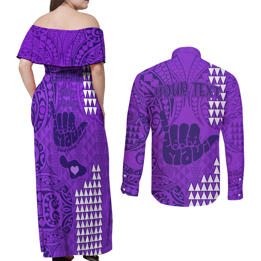 Personalised Strong Maui Couples Matching Off Shoulder Maxi Dress and Long Sleeve Button Shirts Good Living Hawaii with Shaka Sign Kakau Tribal Purple LT9 - Polynesian Pride
